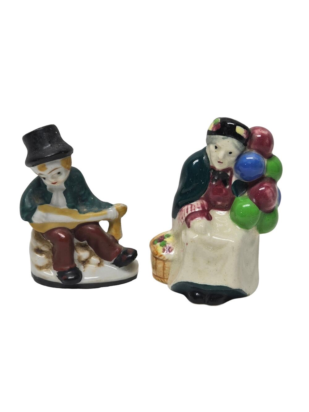 Vintage Older Lady w. Balloons & Boy w. Top Hat Playing the Guitar Mini Figures